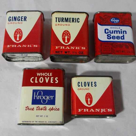 Lot of 5 Vintage OLD Metal Spice Kroger Franks Cans Tins - Picture 4 of 5